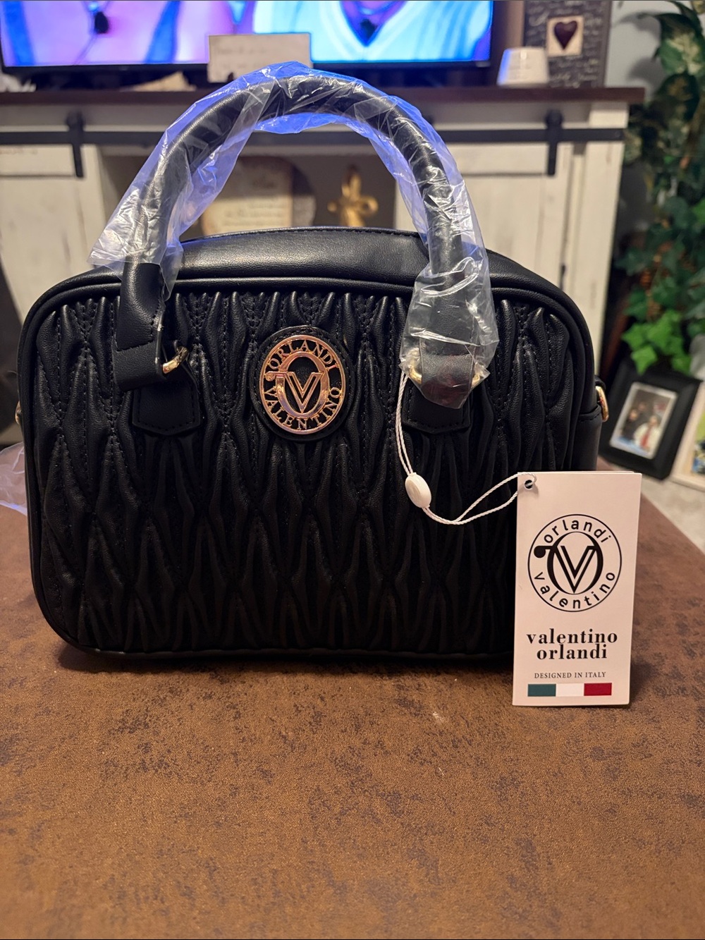 Valentino Orlandi Black Quilted Dome Satchel with Gold Emblem